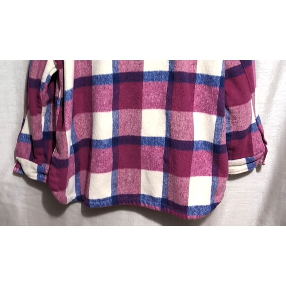 Women's Flannel Shacket Size XL Button Up Long Sleeve Warm Plaid Purple Pink - Picture 16 of 16